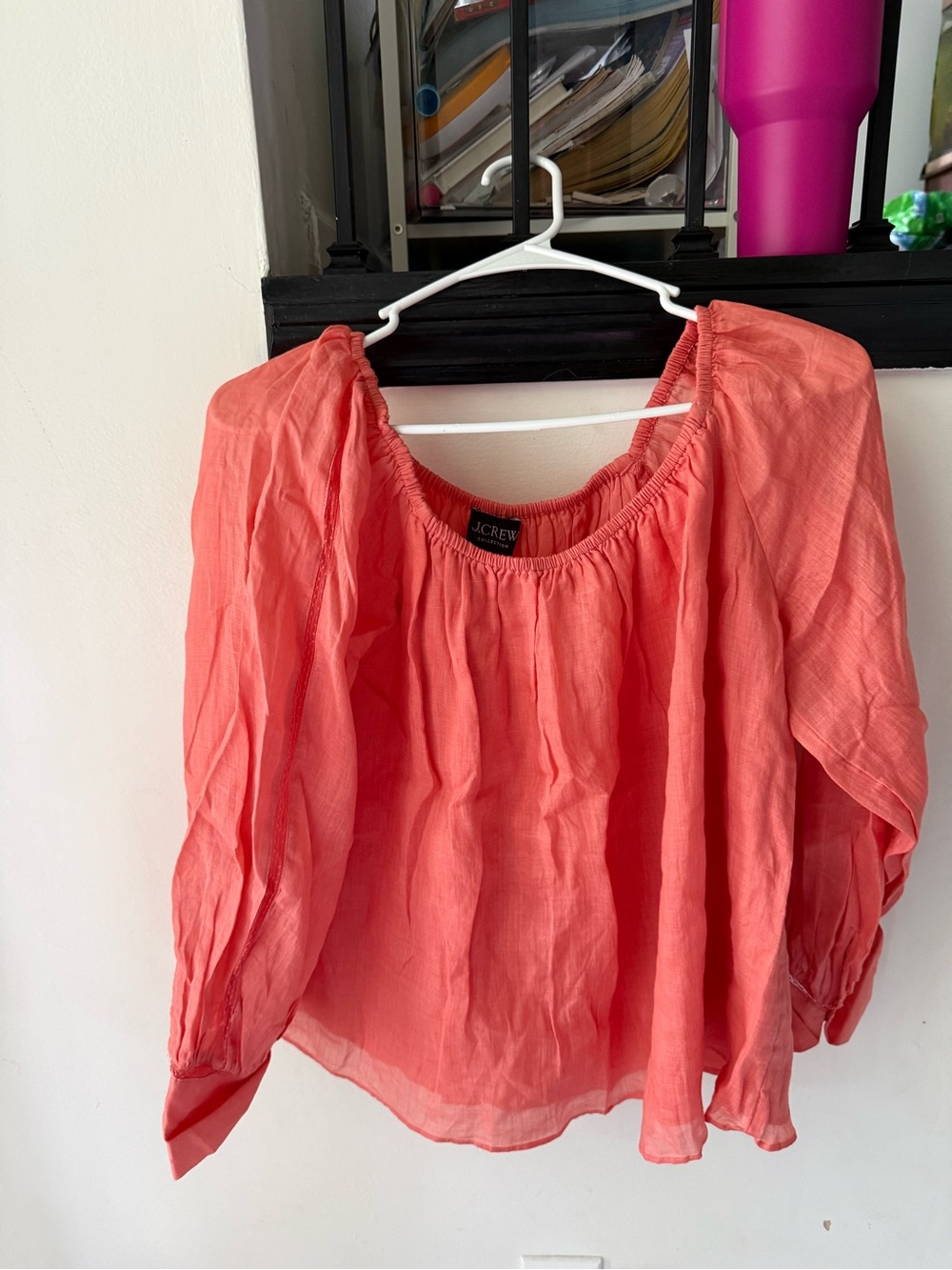 J. Crew Coral Sheer Peasant Top